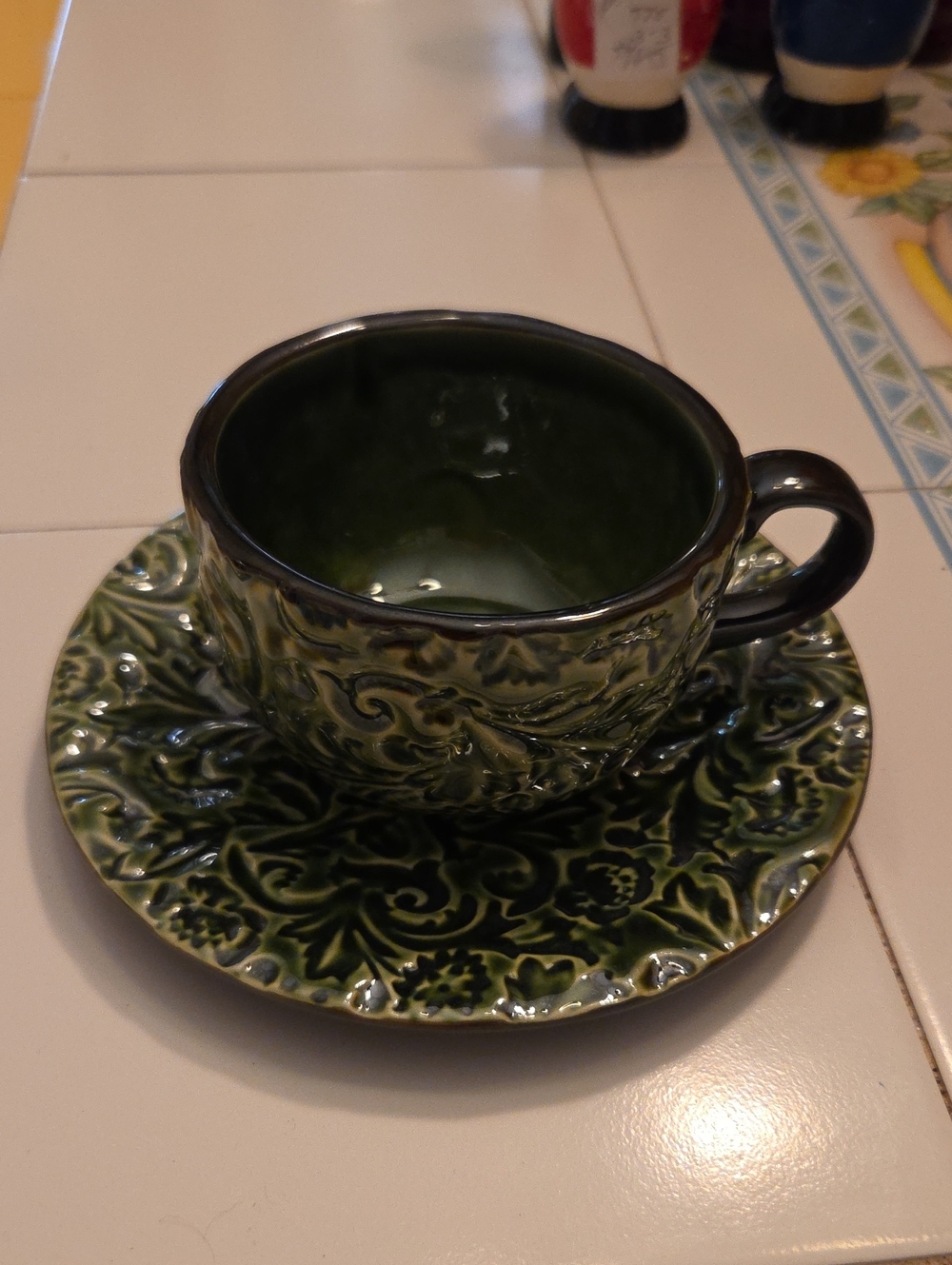 Botanical Embossed Green Cappuccino Mug  & Saucer